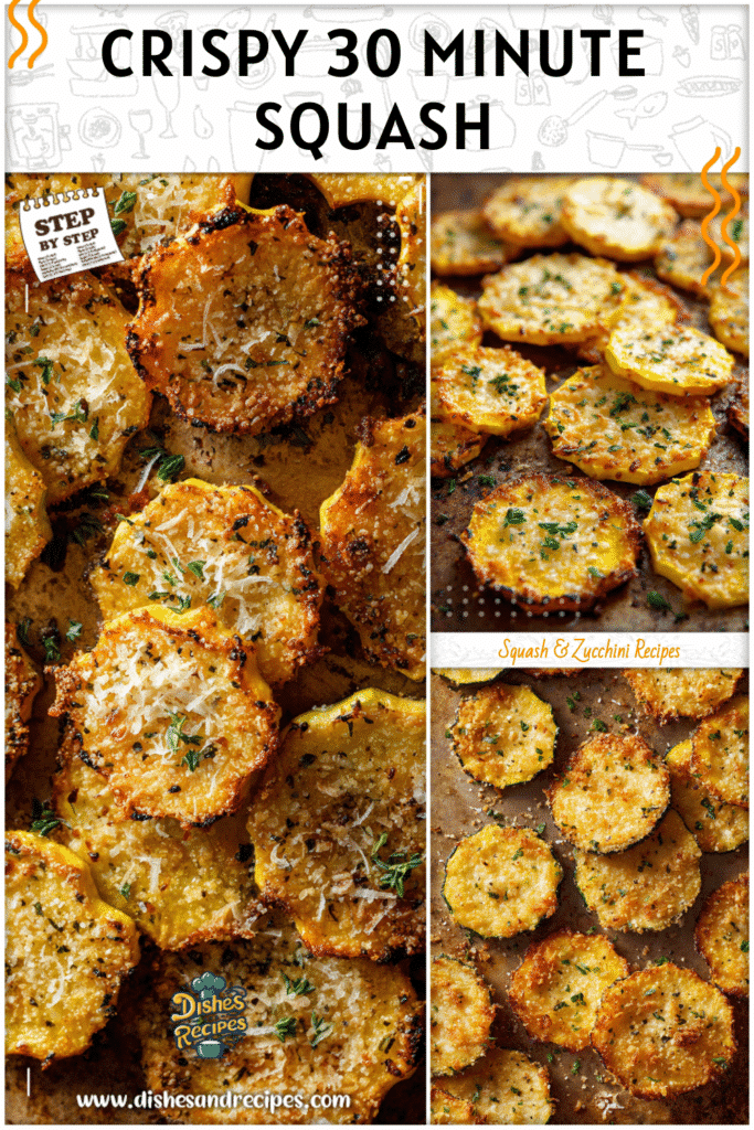 Crispy baked squash rounds topped with golden Parmesan on a rustic baking sheet